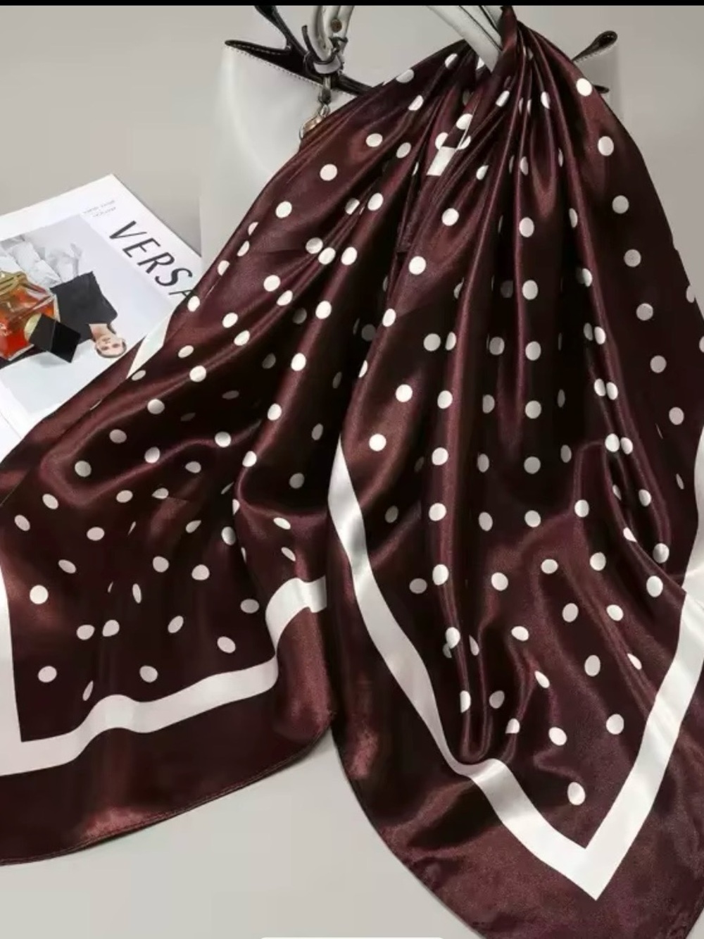 Polka Dot Satin Scarf in Burgundy and White